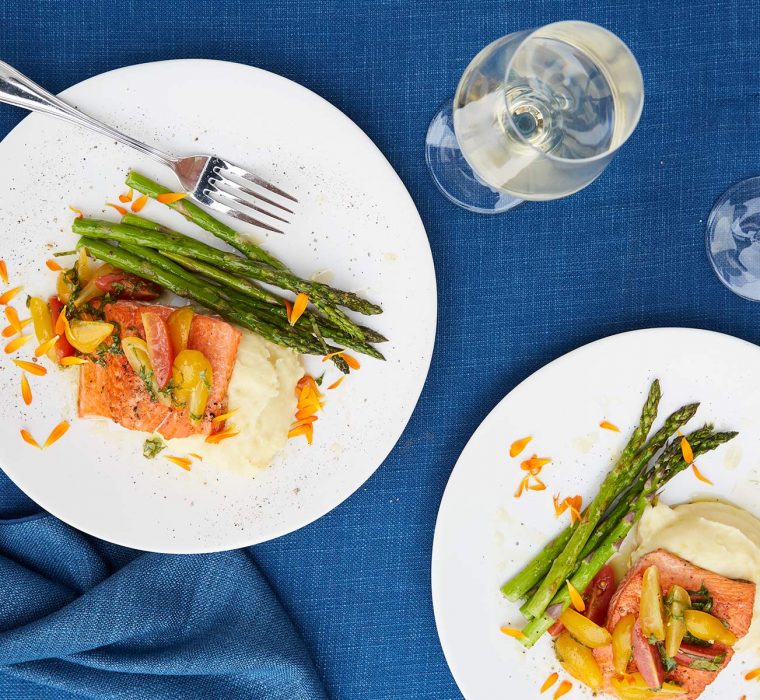 Wild Alaskan salmon & asparagus plate by Ravishing Radish Catering.