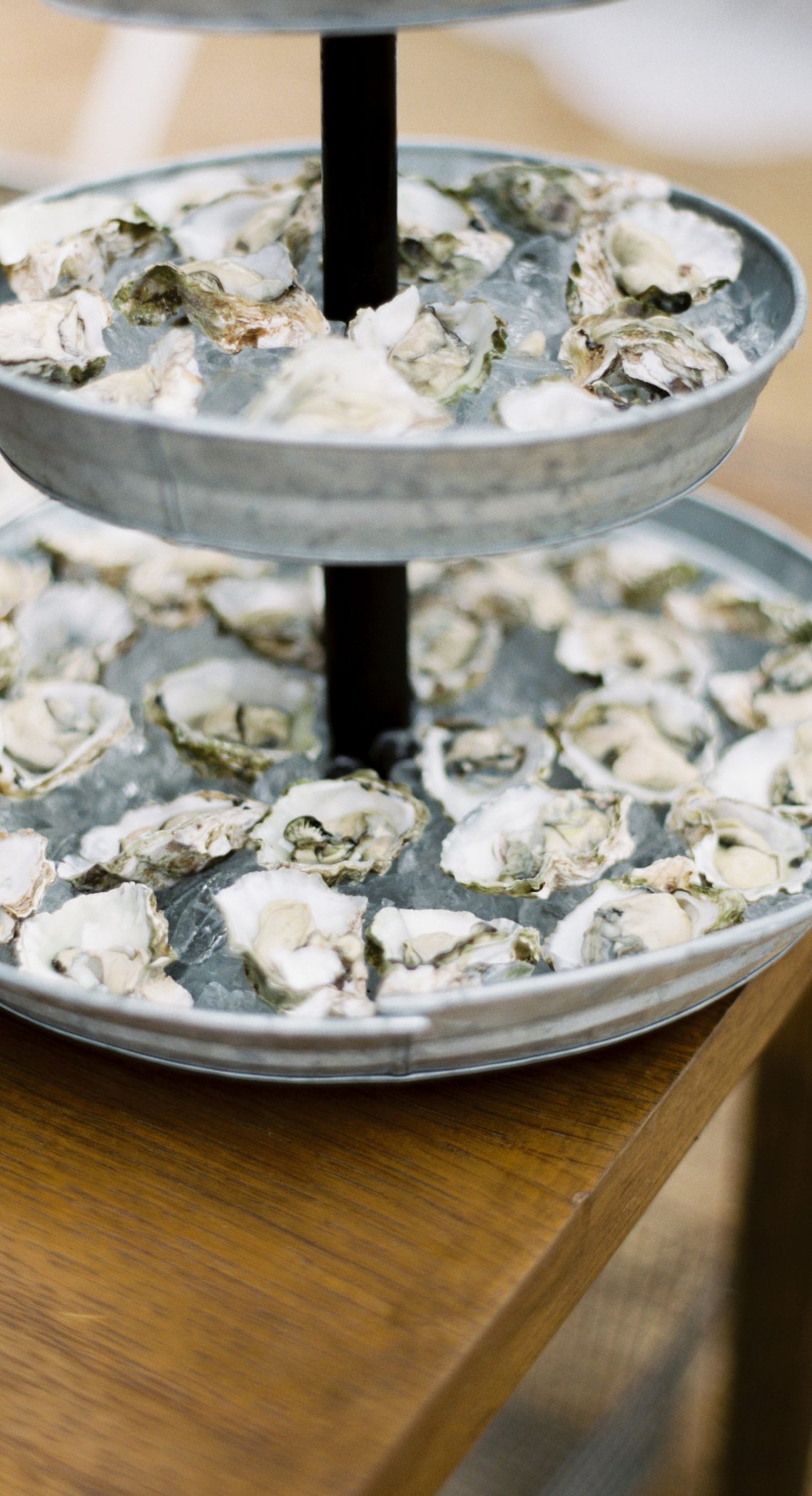 Oysters in tiered galvanized metal display for catering